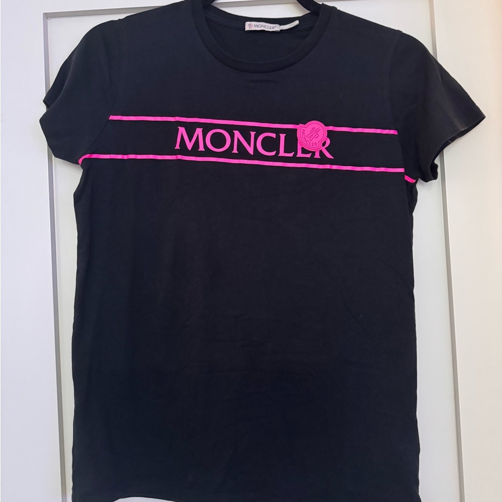 Moncler Black Tee with Neon Pink Logo Stripe
